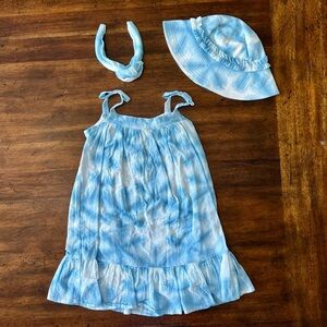 Janie and Jack Blue Tie-Dye Dress with Hat and Headband Set Sz 7 EUC